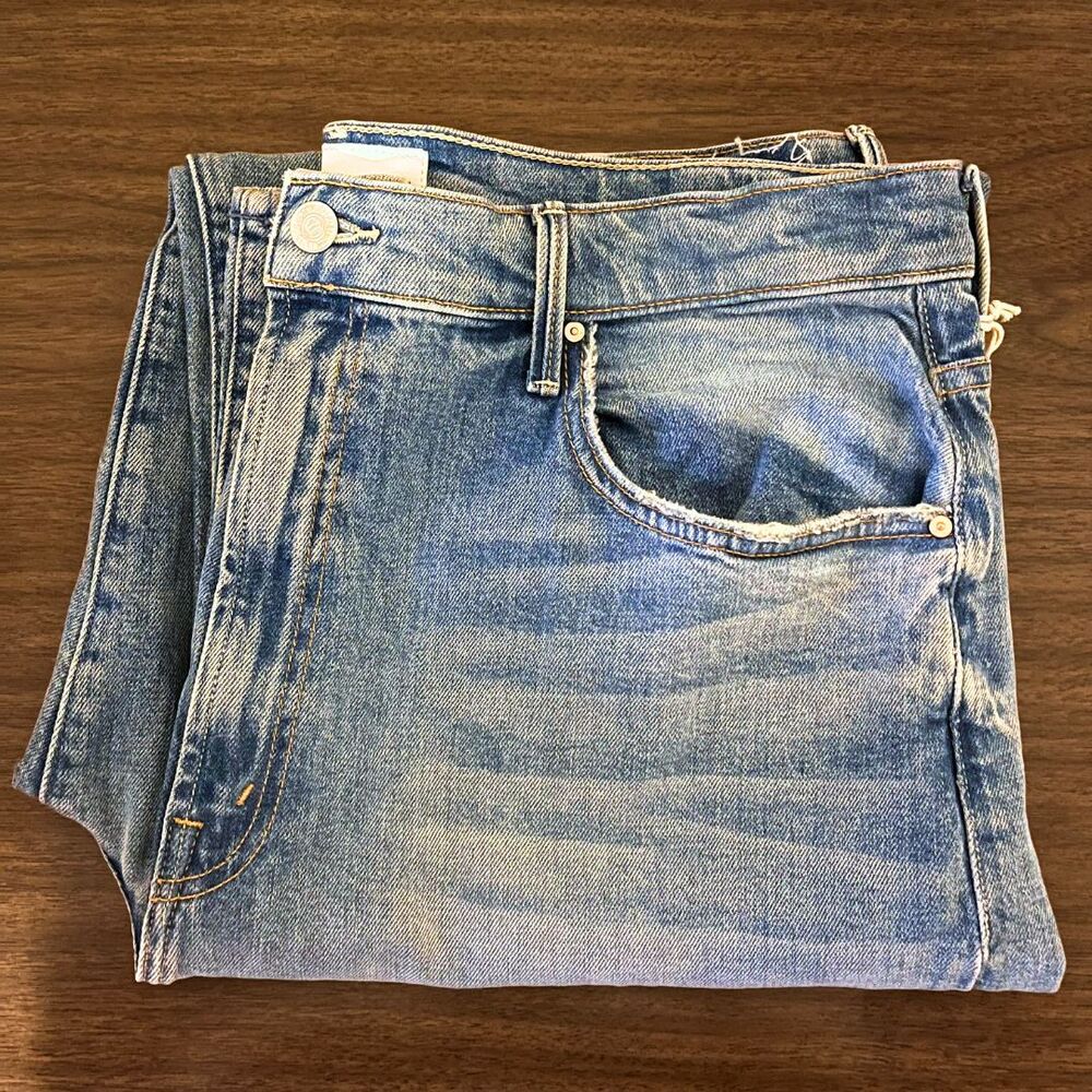 MOTHER Distressed Light Blue Flare Jeans